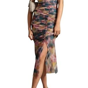 Anthropologie Skirt Ruched Mesh Midi Watercolor‎ Tie-Dye Size Large Mermaidcore